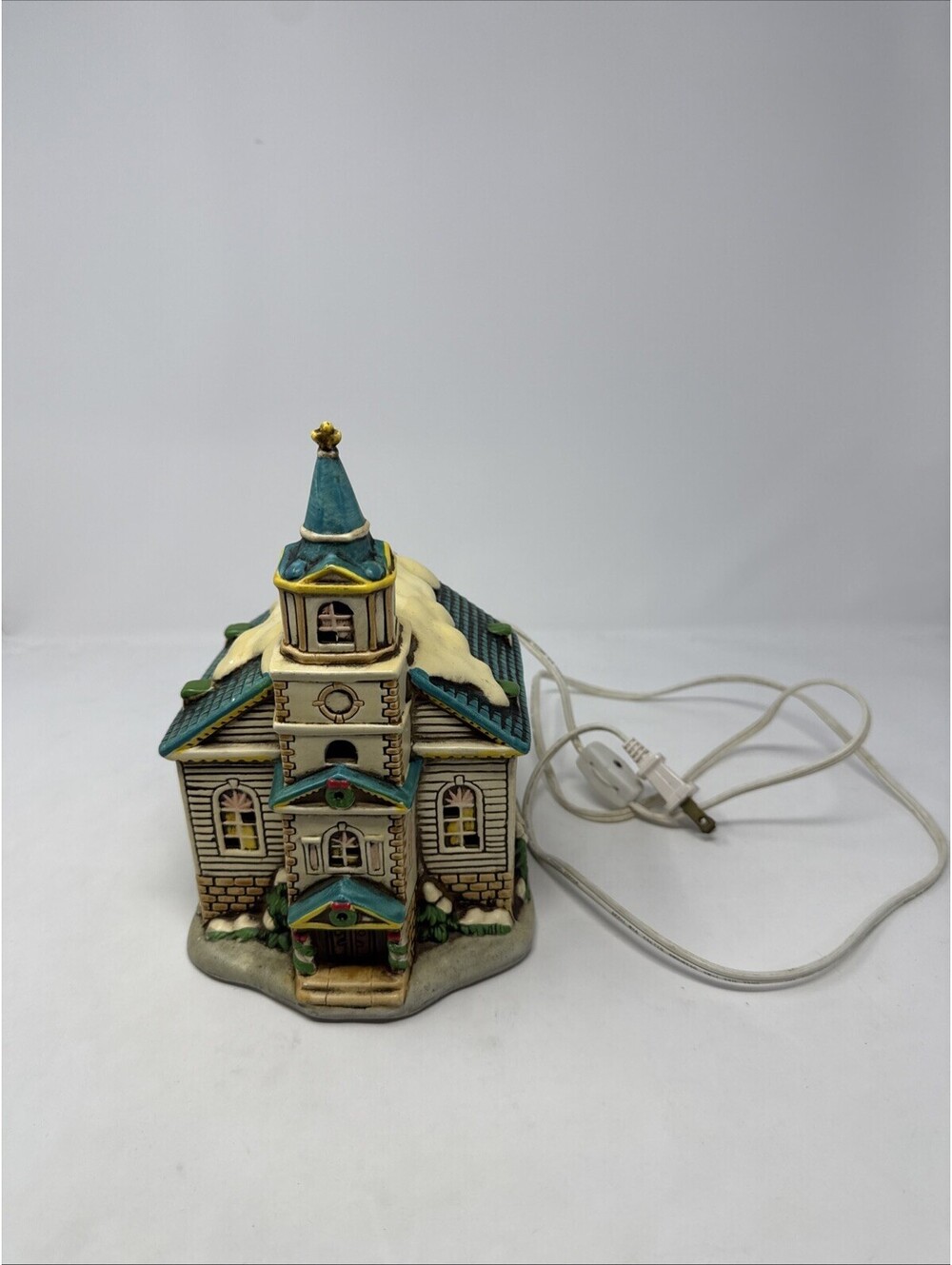 Lefton Colonial Village House Vintage 1986 Church Blue Roof Snow Steeple